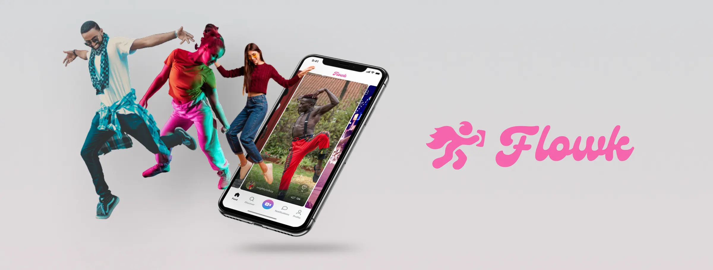 Dancers mid-jump beside a phone running the Flowk app, with the pink Flowk logo